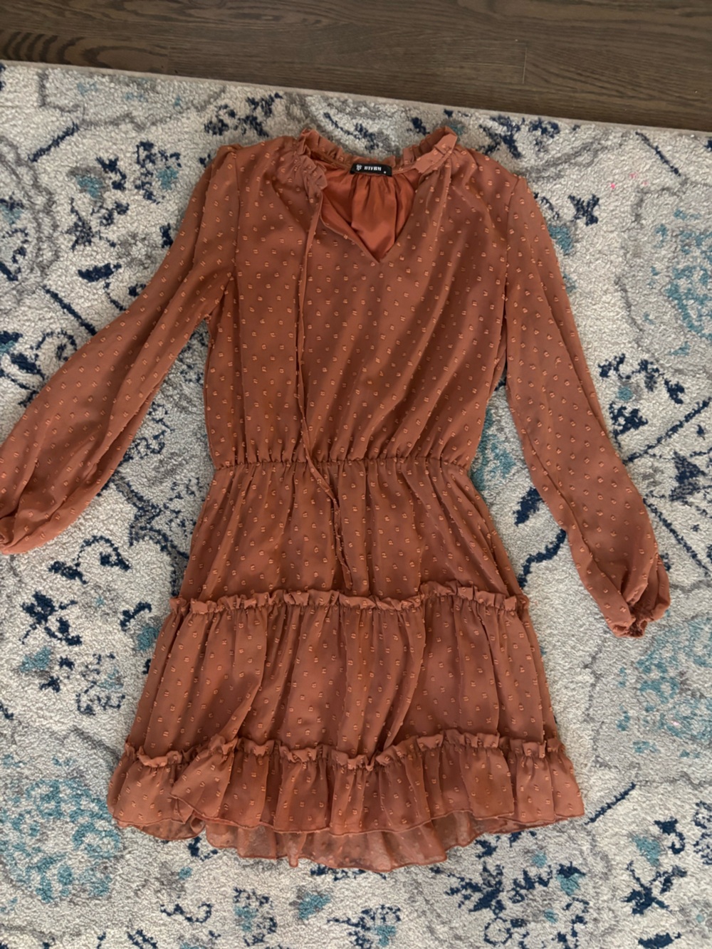 Rust Dot-Textured Long Sleeve Dress